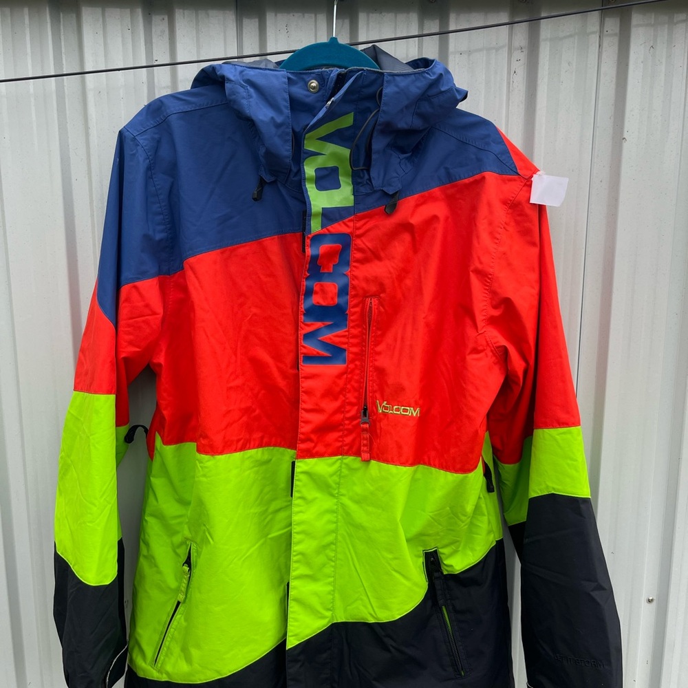Volcom men’s Vibrant Colorblock Raincoat - Orange, Blue, Green